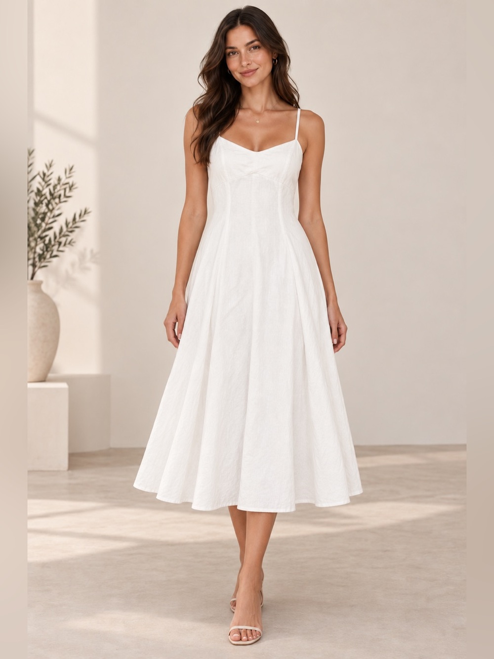 Astr the label Linen White Spaghetti Strap Midi Dress